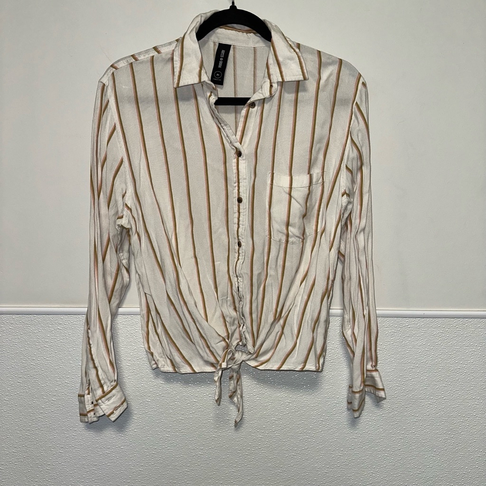 Women's Agnes & Dora button down Shirt, M, cream, brown, pink - tie at bottom - Picture 6 of 8